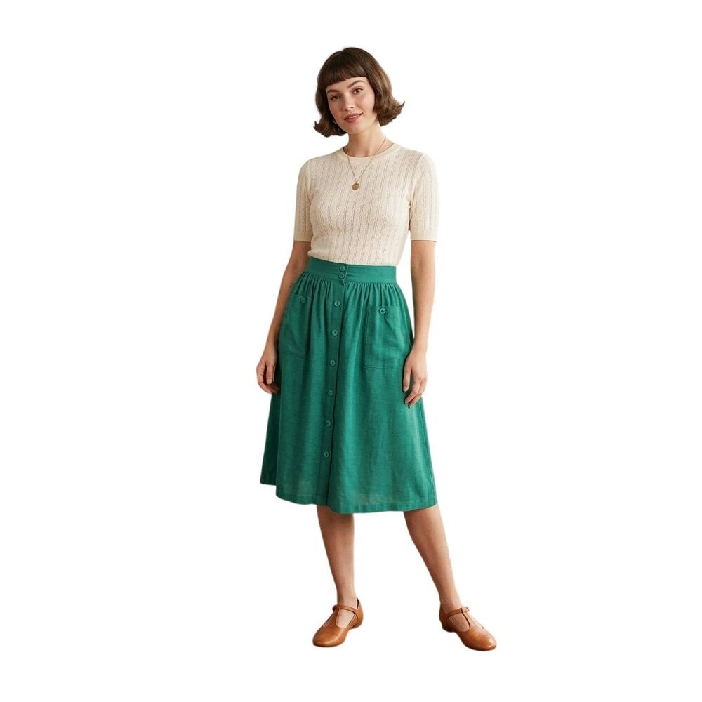 ModCloth Green Button Front Linen Blend Midi Skirt 2X